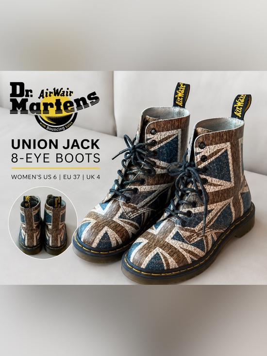 Dr. Martens Shoes - Dr. Martens Union Jack 8-Eye Combat Boots UK Flag Distressed Print Women’s US 6